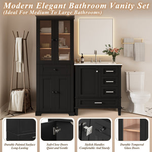 English Elm 67.57" Tall Matte Cabinet Vanity Combo with Glass Doors Soft-close Drawers Sink Black N729P000033B