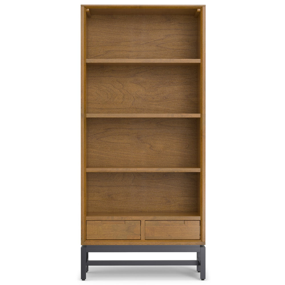 English Elm Banting Mid Century Bookcase – Solid Rubberwood Brown with Metal Base, Adjustable Shelves & Drawers B136P238610