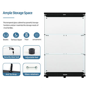 English Elm Tempered Glass Display Cabinet – Stylish Black Wine & Storage Solution With Adjustable Lighting & Feet W3155P291595-GIGA
