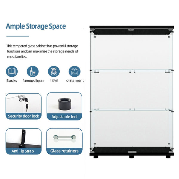 English Elm Tempered Glass Display Cabinet – Stylish Black Wine & Storage Solution With Adjustable Lighting & Feet W3155P291595-GIGA
