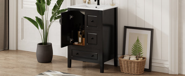 English Elm Christopher Knight Home® - 24 Freestanding Retro Bathroom Vanity with Ceramic Sink, Soft-Close Cabinet & Drawers, Painted MDF Finish Black N759P292551B