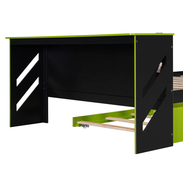 English Elm Full Size Wood Daybed with Twin Trundle Desk and Usb Charging for Teen Rooms Green LT000262AAG