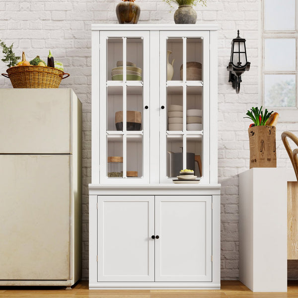 English Elm 75.25''H Retro Farmhouse Display Cabinet with Glass & Solid Doors, Adjustable Shelves, White Storage Elegance SN845P263124W