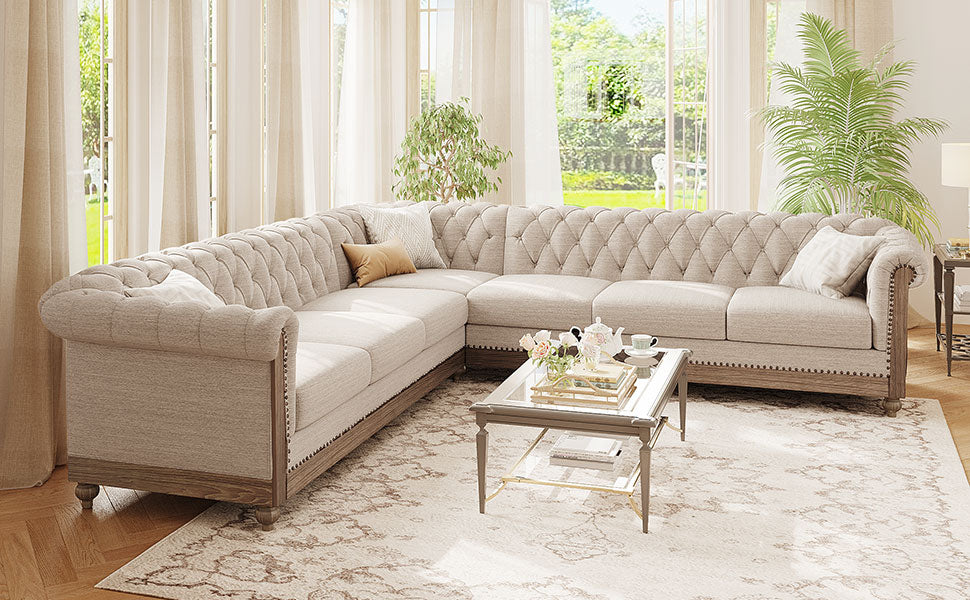 English Elm Christopher Knight Home® - Mirod Large 6-Seater Sectional Sofa with Tufted Back, PU Upholstery, Foam & Pocket Spring Comfort Beige N760S0000044A