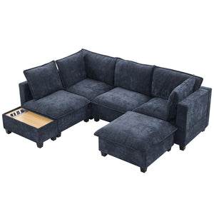 English Elm 90" U-shaped Sectional Sofa Modular Couch with Movable Ottoman, Hidden Charging Coffee Table, Durable Comfort Blue N719S001780C