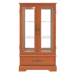 English Elm Lighted Glass Curio Cabinet - Elegant Dark Oak Display With Adjustable Shelves, Built-In Drawer & Bulb W1758P300114