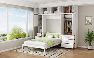 English Elm Full Full Size Murphy Bed with Lockers & Wardrobes in White — Space-Saving Foldaway Cabinet, Shelves, Drawers, Installation Video Included GX000392AAK