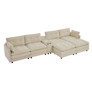 English Elm 154" Corduroy U-shaped Sectional with Ottomans Six Seat Modular Cloud Sofa Usb Console Beige W1998S00101