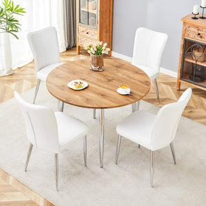 English Elm Table Set Extendable Round to Oval Wood Grain Top with Four White Pu Dining Chairs W1151S03962