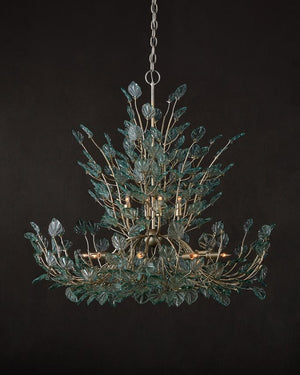 Currey & Company Baobab Medium Silver Chandelier - Elegant Biophilic Design With Recycled Glass Leaves & Dimmable Light Blue Recycled Glass ,Wrought Iron 9000-1294-currey-company