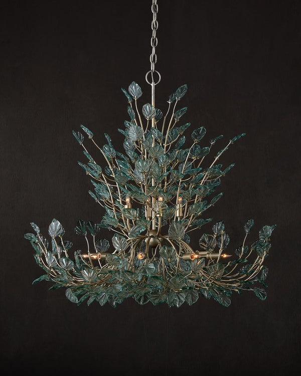 Currey & Company Baobab Medium Silver Chandelier - Elegant Biophilic Design With Recycled Glass Leaves & Dimmable Light Blue Recycled Glass ,Wrought Iron 9000-1294-currey-company
