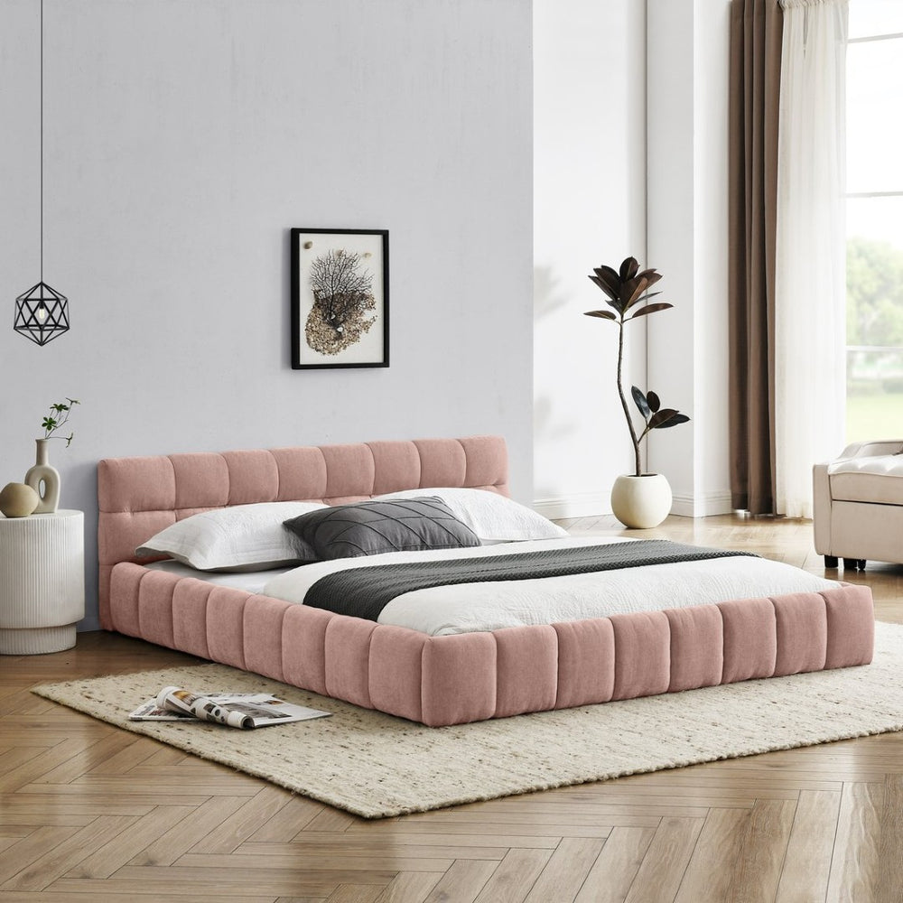 English Elm Queen Size Upholstered Platform Bed In Soft Pink Chenille - No Box Spring Needed, Stylish & Durable W487S00320-GIGA