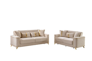 English Elm Lisa Quilted Ivory Sofa and Loveseat Set with Gold Legs for Elegant Living Rooms B009S02227