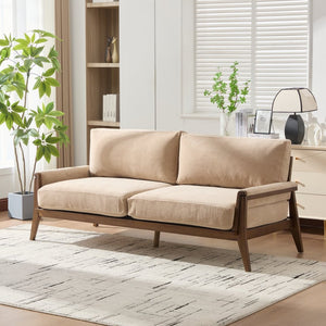 English Elm Mid-century Modern Boucle Upholstered Three Seat Sofa with Walnut Finish Wood Legs Camel N773P411407N