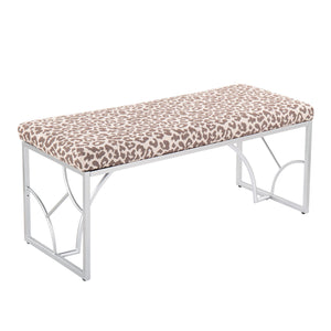 English Elm Constellation Silver Metal Bench with Beige Leopard Fabric Upholstery — Modern 2-Seat Accent Piece B202S01139