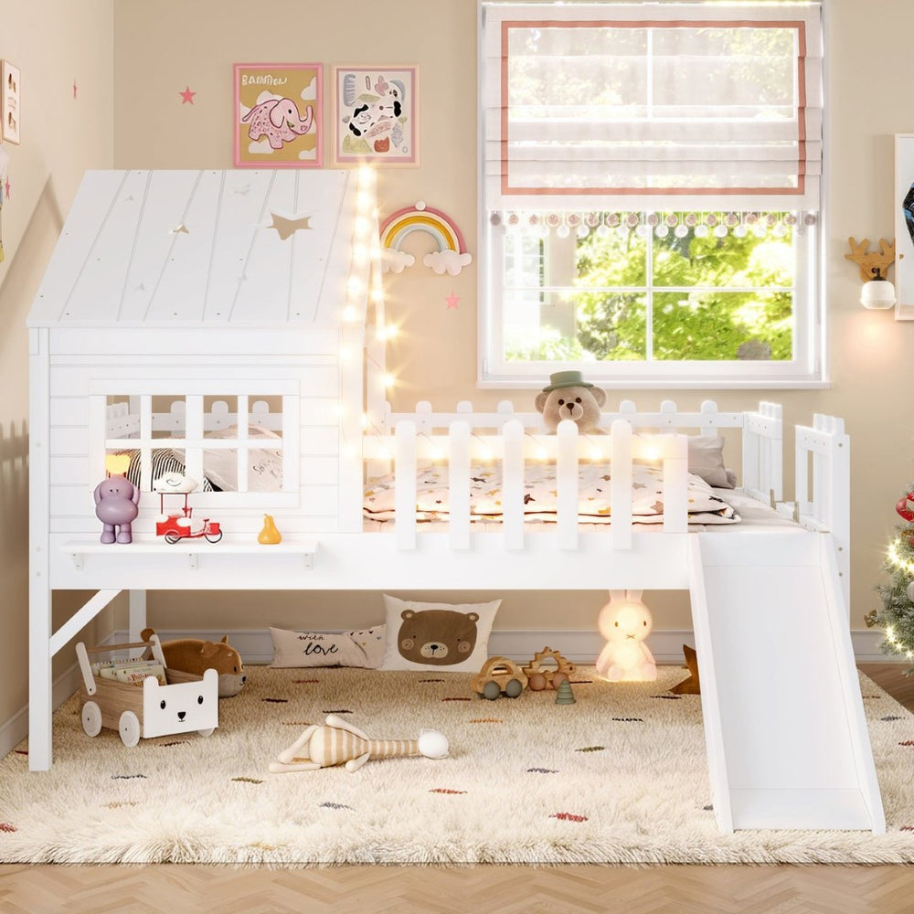 English Elm Twin Playhouse Loft Bed Solid Pine Frame with Slide Led Lights and Star Roof White W5316S00004