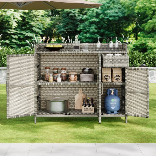 English Elm K&k Outdoor Wicker Bar Cabinet with Tempered Glass Top Adjustable Shelving and Drawer Grey N707P233745G