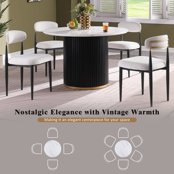 English Elm Modern Round Faux Marble Dining Table Set Seats Four Chenille Chairs Gold Accent W5739S00005