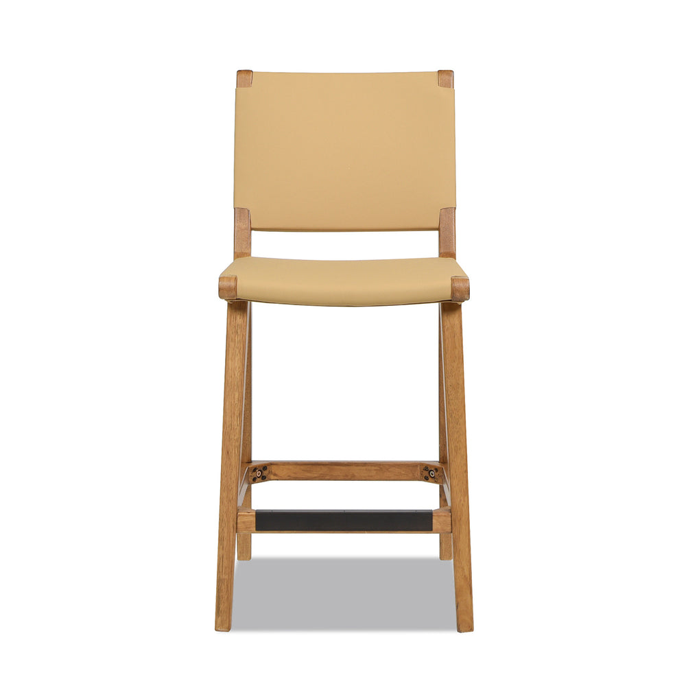 English Elm Jennifer Taylor Home - Pierre 26" Farmhouse Saddle Counter Stool with Back, Sunkissed Beige Leather, Rubberwood & Brass Accents B2719P238396