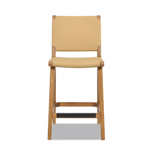 English Elm Jennifer Taylor Home - Pierre 26" Farmhouse Saddle Counter Stool with Back, Sunkissed Beige Leather, Rubberwood & Brass Accents B2719P238396