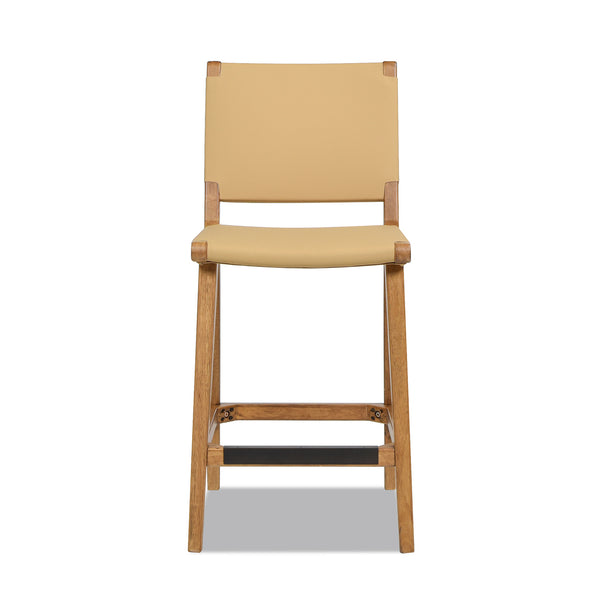 English Elm Jennifer Taylor Home - Pierre 26" Farmhouse Saddle Counter Stool with Back, Sunkissed Beige Leather, Rubberwood & Brass Accents B2719P238396