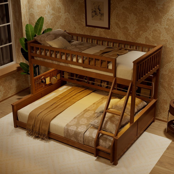 English Elm Twin Xl Over Queen Bunk Bed with Led Lighting Shelving and Pegboard Pinewood Frame Brown LT000280AAP