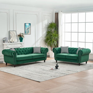 English Elm 3 Plus 2 Seater Chesterfield Velvet Sofa Set with Nailhead Trim for Living Room Green W3373S00066
