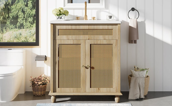 English Elm Christopher Knight Home® - 30-Inch Walnut Vanity with Seashell Resin Sink, Flip-Up Organizer, Soft-Close Doors & Legs Natural Wood N765P33418384B