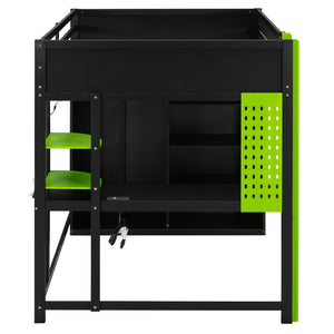 English Elm Full Size Gaming Loft Bed with Rgb Lighting Integrated Desk and Open Wardrobe Green N820S00073F