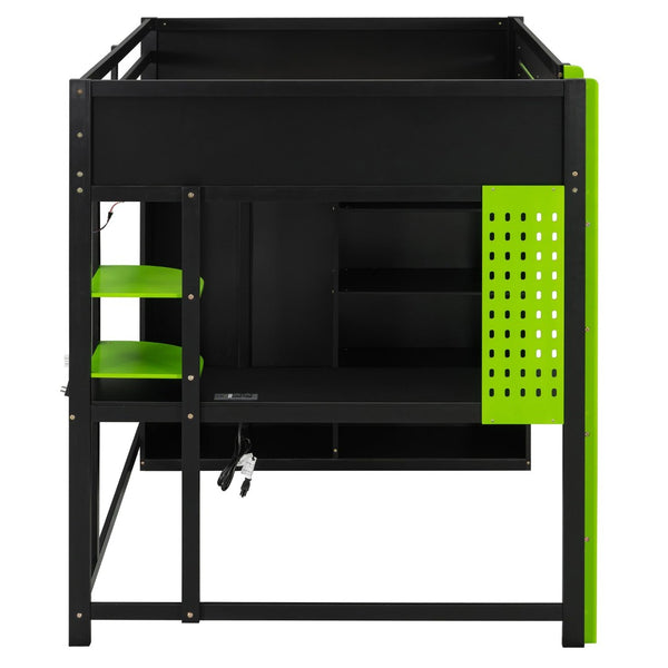 English Elm Full Size Gaming Loft Bed with Rgb Lighting Integrated Desk and Open Wardrobe Green N820S00073F