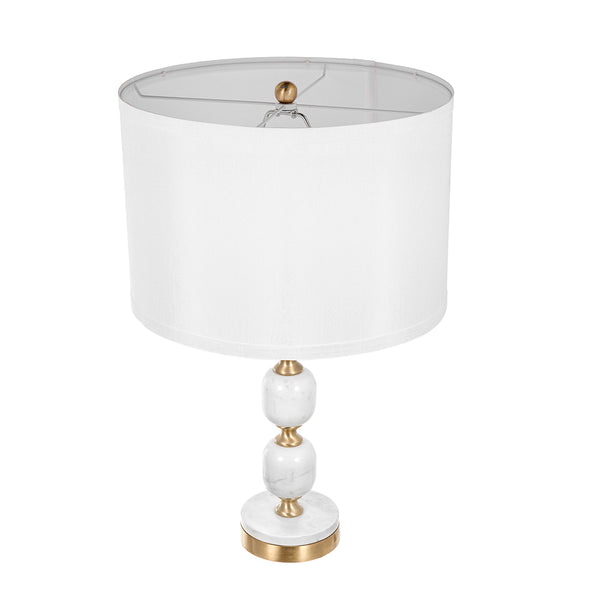 English Elm D15x26.5" Marble Table Lamp with White Fabric Drum Shade, Brass Finial, Modern Vintage Accent (26.5") W2078P399245
