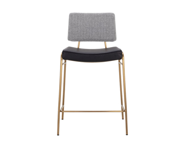 Sunpan Brinley Modern Barstool with Gold Stainless Steel Legs and Chic Black Faux Leather & Grey Fabric Seat Counter Height