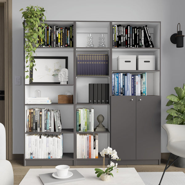 English Elm Poston 3-Piece Home Bookcase Set with 13 Shelves and Two-Door Cabinet for Stylish Organized Living Room Matte Gray,White 41 L x 28 W x 5 H B200S00320