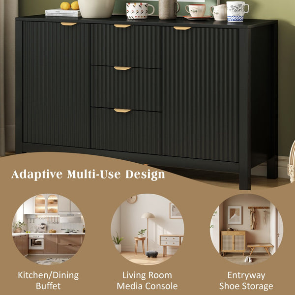 English Elm U_Style Modern Wave-Front Sideboard - 3 Adjustable Shelves & Soft-Close Drawers For Stylish Storage N711P269066B-GIGA