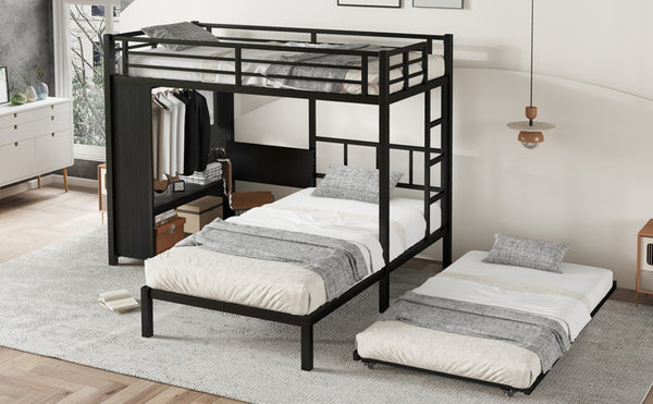 English Elm Twin Bunk Bed With Wardrobe & Trundle, Metal Frame, Foldable Desk, Noise-Reduced Design, Black Finish W1580S00135-GIGA