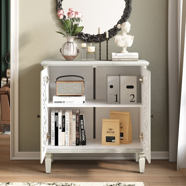 English Elm Vintage Hollow-Carved Accent Cabinet with Floral Motif, 2-Door Sideboard, Adjustable Shelf, Solid Wood Legs Antique White W1445P384722
