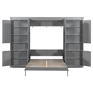 English Elm Full-size Murphy Wall Bed with Sliding Cabinets and Twelve Open Shelves for Studios Gray LP000919AAE
