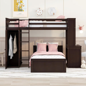English Elm Twin Loft Bed System with Wardrobe Desk and Shelving for Kids Shared Bedroom Espresso LT000820AAP-1