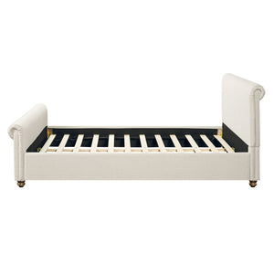 English Elm Queen Linen Upholstered Bed Frame Thick Rolled Headboard Solid Rubberwood Legs Bedroom Beige N757Q384827I