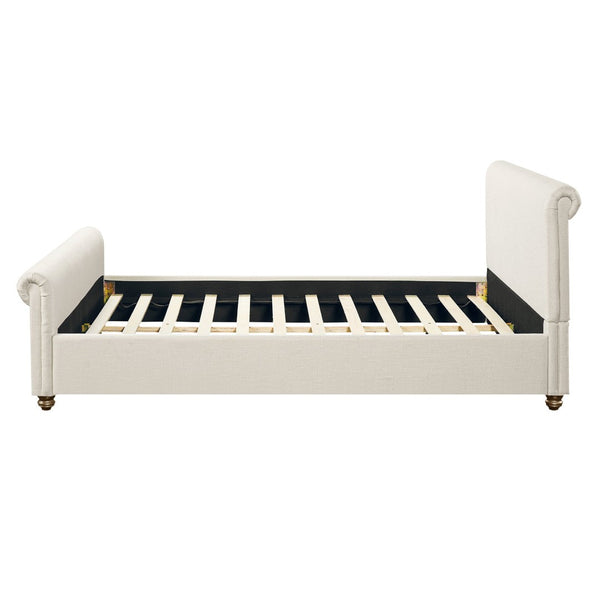 English Elm Queen Linen Upholstered Bed Frame Thick Rolled Headboard Solid Rubberwood Legs Bedroom Beige N757Q384827I