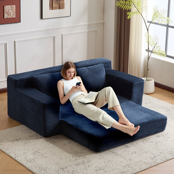 English Elm Loveseat Corduroy Bean Bag Sofa Bed with Memory Foam, Reversible Cushions, Plush Bolsters, No Assembly Required Dark Blue W3723P346939