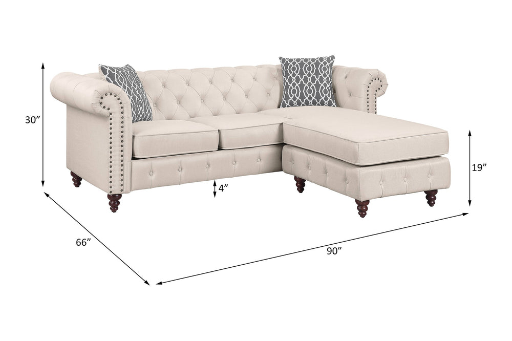 English Elm Waldina Reversible Fabric Sectional Sofa with Pocket Coil Seating, Button Tufting & Nailhead Trim Beige 84 L x 33 W x 26 H B2726P265297