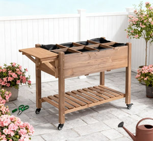 English Elm Planter Box Elevated Fir Wood Garden Bed with 8 Compartments and Lockable Wheels T3971P422736