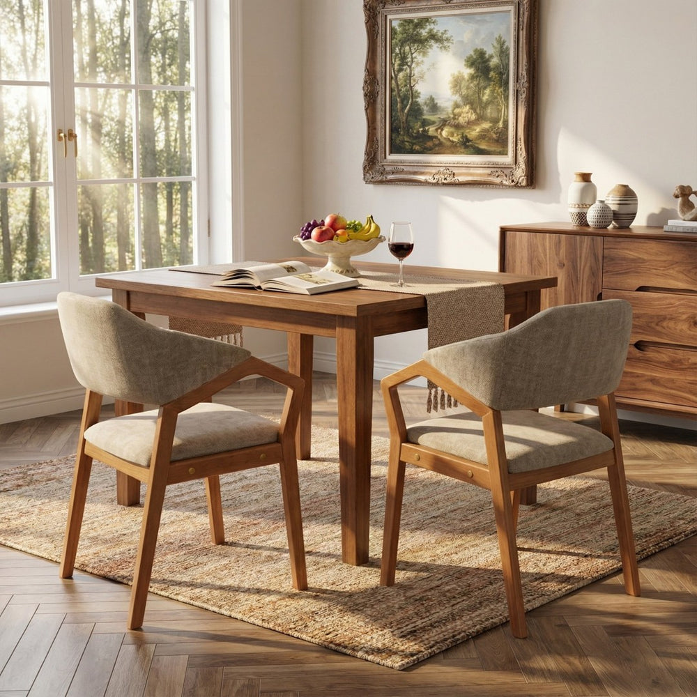 English Elm Indoor Chenille Upholstered Arm Dining Chairs Set of 2 with Bentwood Teak Frame N779P370761O