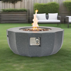English Elm 36" Propane Fire Pit Table 50000 BTU Gray MgO Concrete Round with Lava Rocks, Pulse Ignition, Cover W853P277120