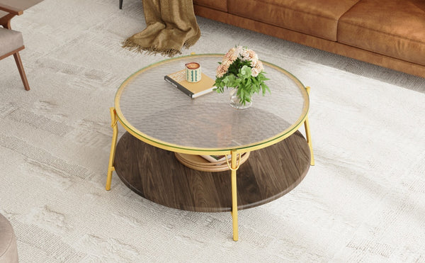 English Elm Modern 47.2" Rectangular Coffee Table with Sleek Black Top, Gold Metal Base and Four Drawers for Stylish Storage and Durable Contemporary Living Room Furniture Gold+Glass,Walnut N735P350390D