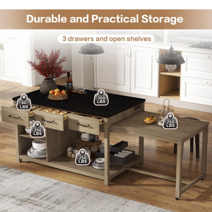 English Elm TREXM Expandable Kitchen Island with Hidden Pull-Out Extension, Built-In Outlets, Retro Storage Wheels Natural+Espresso XW000023AAP