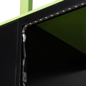 English Elm Full Size Gaming Loft Bed with Led Lighting Desk Drawers and Display Shelving Green LT000263AAF