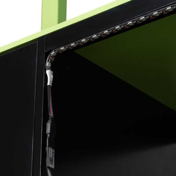 English Elm Full Size Gaming Loft Bed with Led Lighting Desk Drawers and Display Shelving Green LT000263AAF