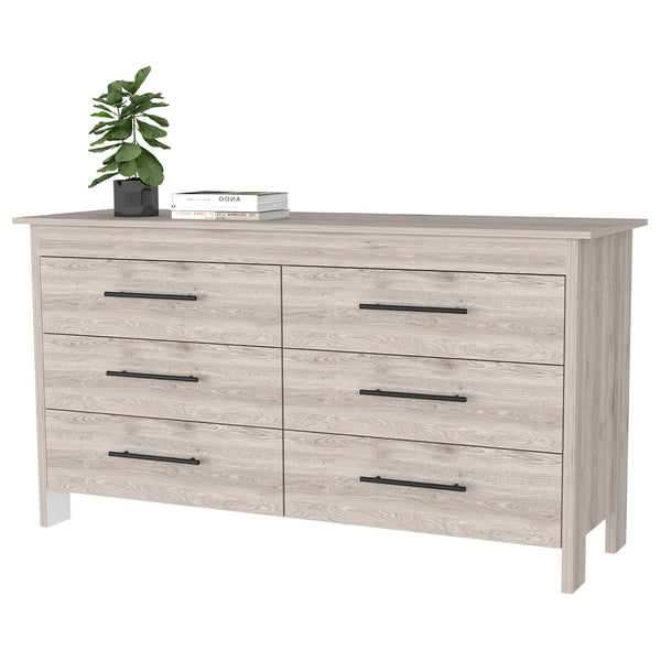 English Elm Luxor Six Drawer Double Dresser Light Gray with Black Metal Pulls, Superior Top & All-Metal Gliders B128S00102